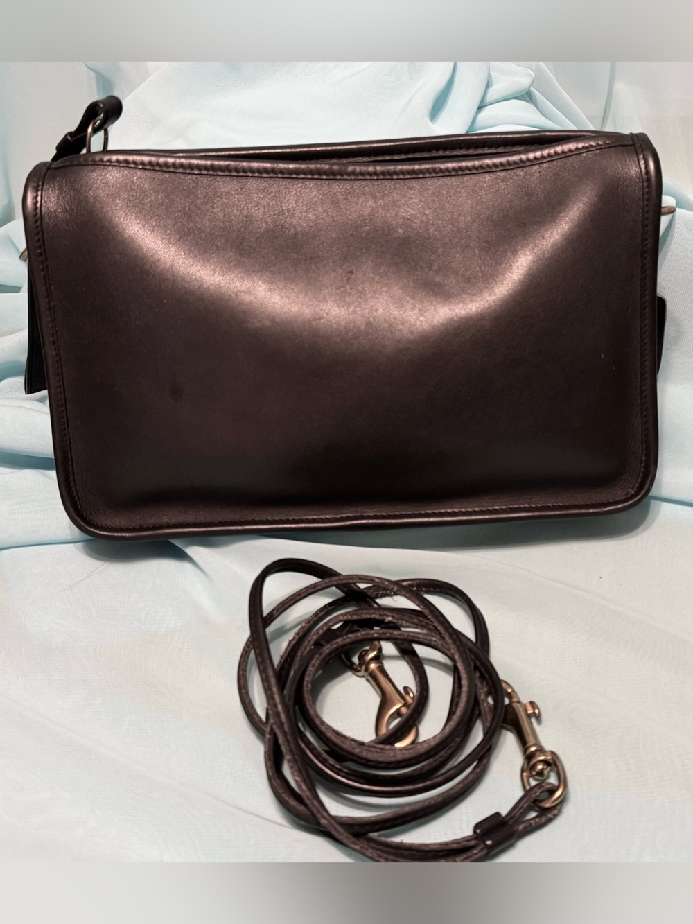 Vintage COACH Basic Black Leather Double Strap Shoulder Bag Zip USA